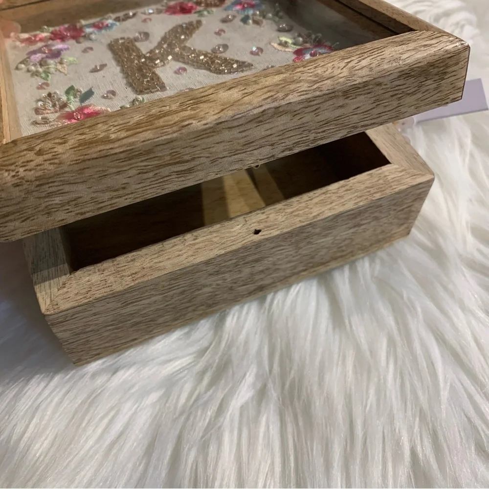 Jewelry Trinket Wood Box With Framed Detailed Embroidery Beading Letter “K” NWT
